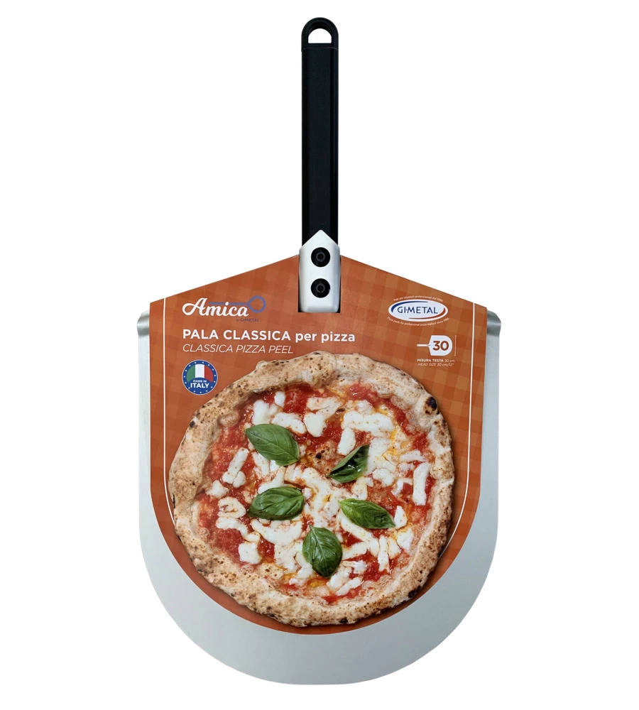 Pala per pizza "amica" con manico nero 25 cm e testa in alluminio 30 cm - gimetal